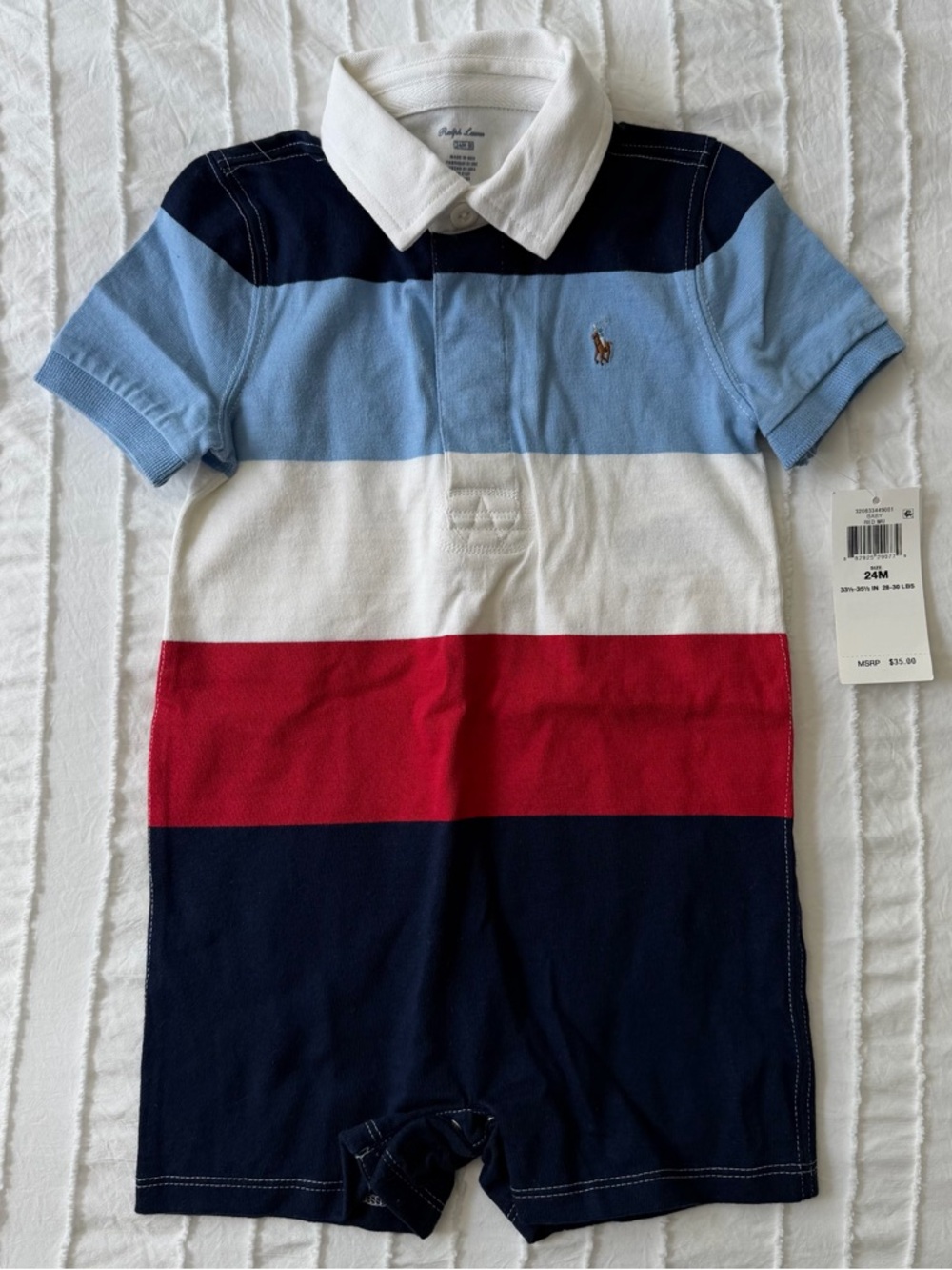 Ralph Lauren Boys Striped Polo Romper - Navy, Light Blue, White, Red